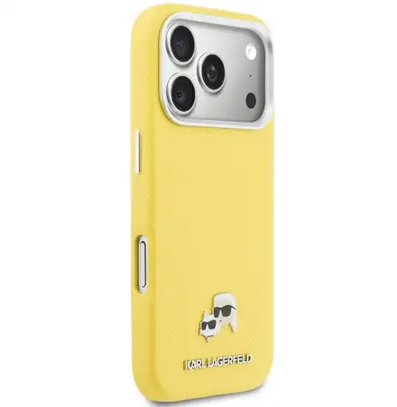 Karl Lagerfeld PU Karl and Choupette Heads Pins MagSafe kryt iPhone 17 Pro Max žltý