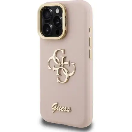 Guess PU Grained 4G Logo Stand Camera Frame kryt iPhone 15 Pro Max ružový