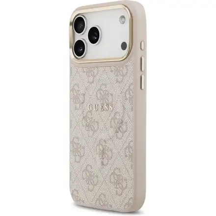 Guess PU Leather 4G Strass Triangle Logo Gold Frame MagSafe kryt iPhone 17 Pro Max ružový