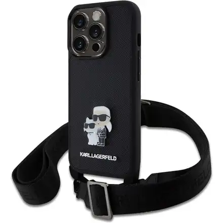Karl Lagerfeld Saffiano Crossbody Popruh Metal Karl and Choupette kryt iPhone 15 Pro čierny