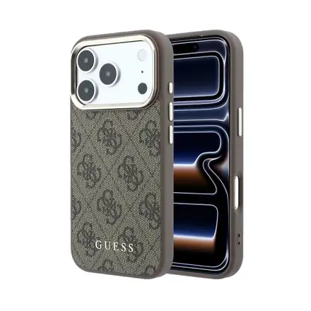 Guess PU Leather 4G Gold Frame MagSafe kryt iPhone 18 Pro hnedý