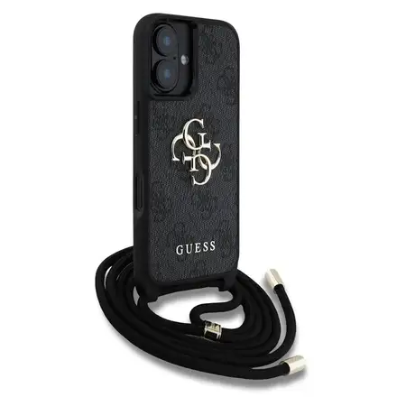 Guess PU 4G Metal Logo Crossbody Popruh kryt iPhone 16 čierny