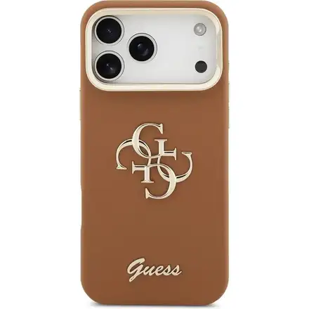Guess PU Grained 4G Logo Stand Camera Frame kryt iPhone 17 Pro Max hnedý