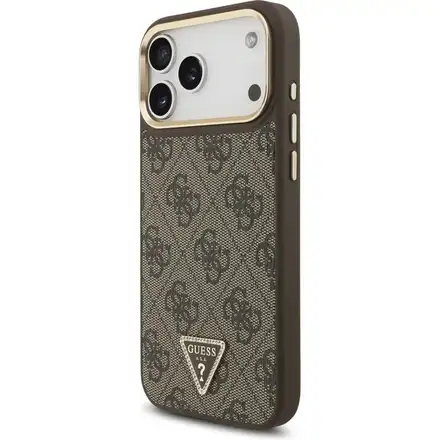 Guess PU Leather 4G Strass Triangle Logo Gold Frame MagSafe kryt iPhone 17 Pro hnedý