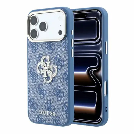 Guess PU 4G Strass Metal Logo kryt iPhone 18 Pro Max modrý
