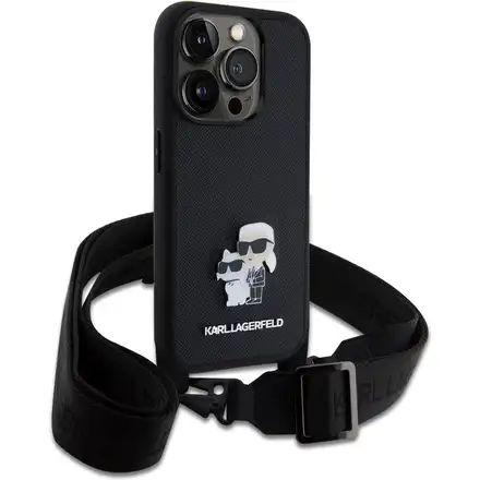Karl Lagerfeld Saffiano Crossbody Popruh Metal Karl and Choupette kryt iPhone 15 Pro čierny