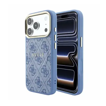Guess PU Leather 4G Gold Frame Embossed MagSafe kryt iPhone 18 Pro modrý