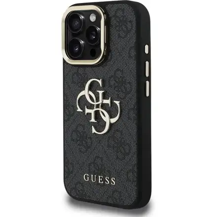 Guess PU 4G Metal Logo Stand Camera Frame kryt iPhone 16 Pro čierny