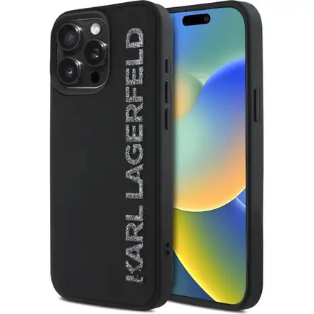 Karl Lagerfeld 3D Rubber Glitter Logo kryt iPhone 15 Max Pro čierny