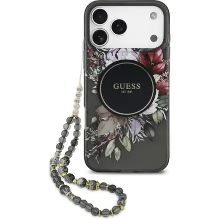 Guess IML Flowers Strap MagSafe kryt iPhone 17 Pro čierny