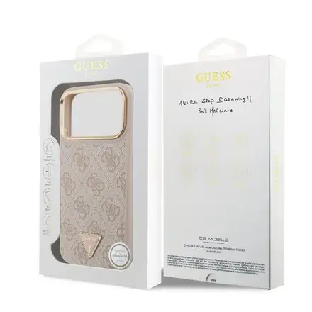 Guess PU Leather 4G Strass Triangle Logo Gold Frame MagSafe kryt iPhone 18 Pro ružový
