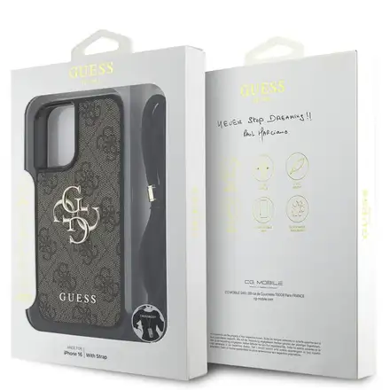 Guess PU 4G Metal Logo Crossbody Popruh kryt iPhone 16 hnedý