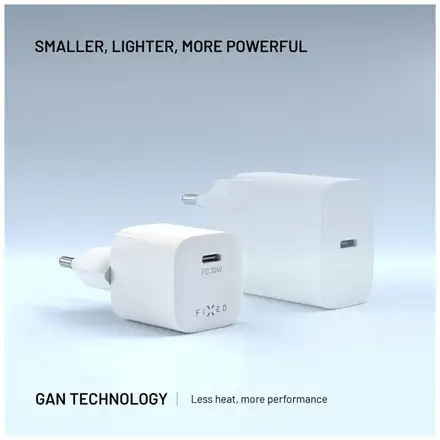 FIXED Mini Sieťová GaN nabíjačka s USB-C výstupom a podporou PD, 30W, biela