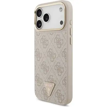 Guess PU Leather 4G Strass Triangle Logo Gold Frame MagSafe kryt iPhone 17 Pro ružový