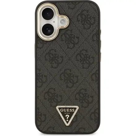 Guess PU Leather 4G Strass Triangle Logo Gold Frame MagSafe kryt iPhone 17 čierny