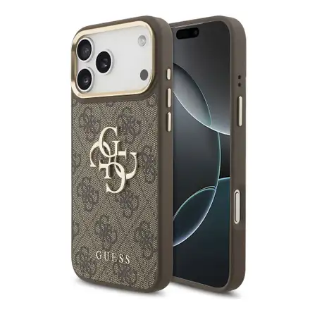 Guess PU Leather 4G Metal Logo Gold Frame kryt iPhone 18 Pro Max hnedý