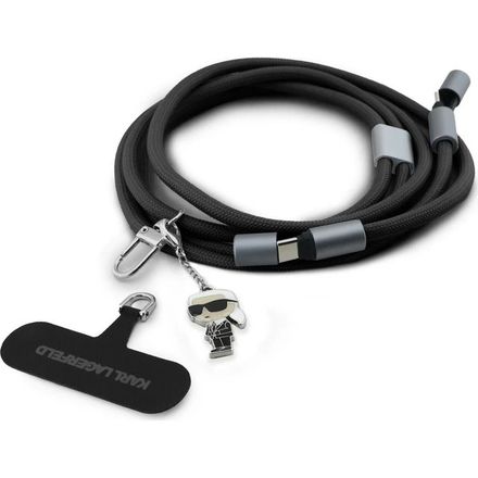 Karl Lagerfeld Ikonik Charm Popruh s Integrovaným Nabíjacím Káblom USB-C/USB-C Black čierny