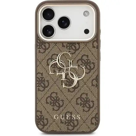 Guess PU Leather 4G Metal Logo Gold Frame kryt iPhone 17 Pro hnedý