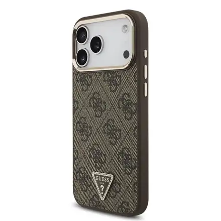 Guess PU Leather 4G Strass Triangle Logo Gold Frame MagSafe kryt iPhone 18 Pro hnedý
