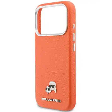 Karl Lagerfeld PU Karl and Choupette Heads Pins MagSafe kryt iPhone 17 Pro Max oranžový