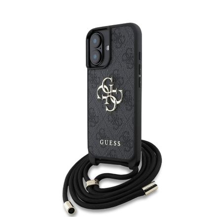Guess PU 4G Metal Logo Crossbody Popruh kryt iPhone 16 čierny