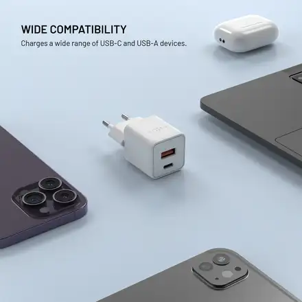 FIXED GaN Mini Sieťová nabíjačka s USB-C a USB výstupom a podporou PD, 30W, biela