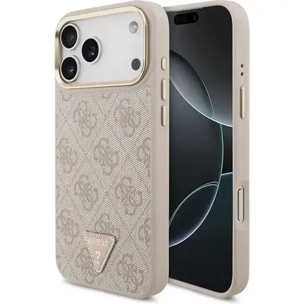 Guess PU Leather 4G Strass Triangle Logo Gold Frame MagSafe kryt iPhone 17 Pro Max ružový