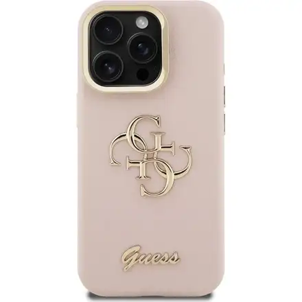 Guess PU Grained 4G Logo Stand Camera Frame kryt iPhone 15 Pro Max ružový