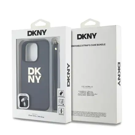 DKNY PU Leather Stack Logo Wrist Strap kryt iPhone 16 Pro Max čierny