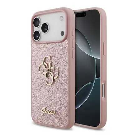 Guess PU Fixed Glitter 4G Metal Logo kryt iPhone 18 Pro Max ružový