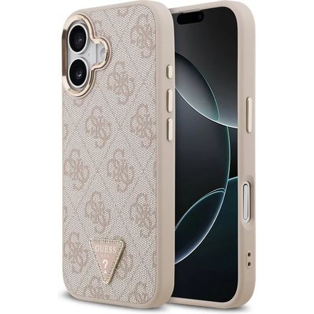Guess PU Leather 4G Strass Triangle Logo Gold Frame MagSafe kryt iPhone 17 ružový