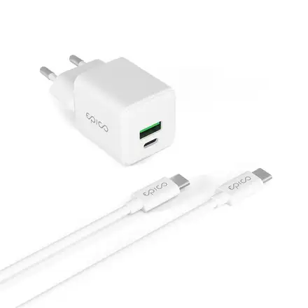 iStores by Epico Ultraboost GaN 20W sieťový adaptér EA20 s 1,2 m USB-C na USB-C kablom - biela