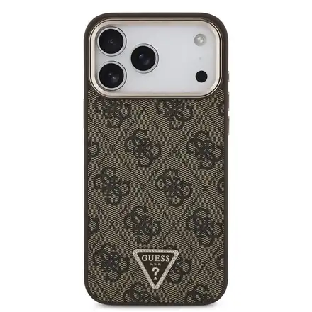 Guess PU Leather 4G Strass Triangle Logo Gold Frame MagSafe kryt iPhone 18 Pro Max hnedý