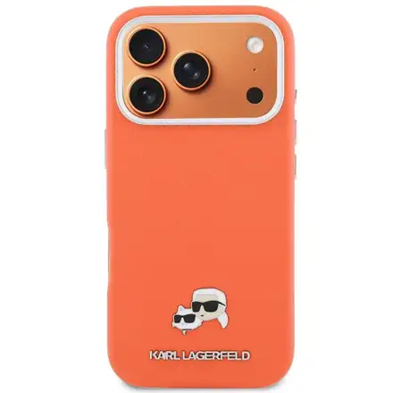 Karl Lagerfeld PU Karl and Choupette Heads Pins MagSafe kryt iPhone 17 Pro oranžový