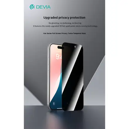 Devia ochranné sklo Van Series Privacy pre iPhone 16 Plus/15 Plus - Black Frame