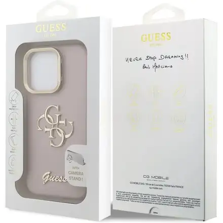 Guess PU Grained 4G Logo Stand Camera Frame kryt iPhone 15 Pro Max ružový