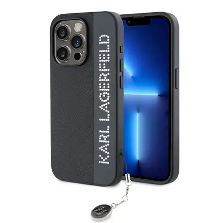 Karl Lagerfeld PU Saffiano Rhinestone Charm kryt iPhone 15 Pro Max čierna