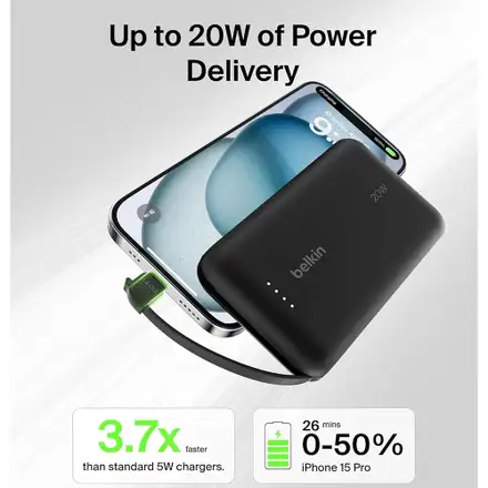Belkin BoostCharge PowerBank 10K with Integrated USB-C Cable 20W - Pink