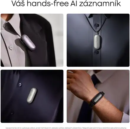 PLAUD Note Pin S Silver - AI hlasový záznamník + náramok a šnúrka na krk