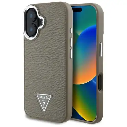 Guess PU Grained Triangle Logo MagSafe kryt iPhone 16 hnedý