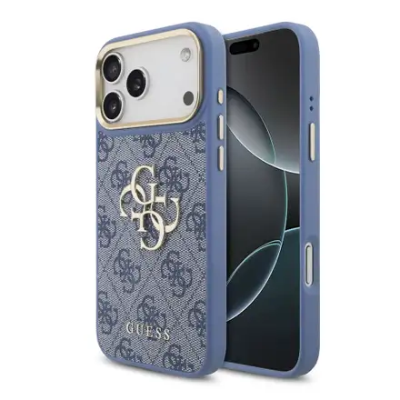 Guess PU Leather 4G Metal Logo Gold Frame kryt iPhone 18 Pro Max modrý
