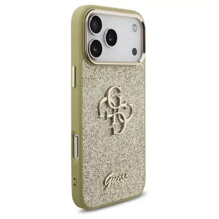 Guess PU Fixed Glitter 4G Metal Frame kryt iPhone 17 Pro Max zlatý
