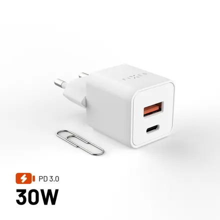 FIXED GaN Mini Sieťová nabíjačka s USB-C a USB výstupom a podporou PD, 30W, biela