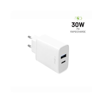 FIXED Sieťová nabíjačka s USB-C a USB výstupom a podporou PD, 30W, biela