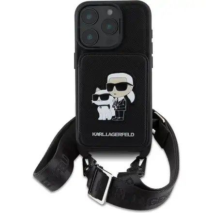 Karl Lagerfeld Saffiano Crossbody Popruh Metal Karl and Choupette kryt iPhone 16 Pro čierny