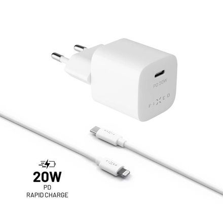 FIXED Mini Set sieťovej nabíjačky s USB-C výstupom a USB-C / Lightning kábla, podpora PD, 1 meter, MFI, 20W, biely
