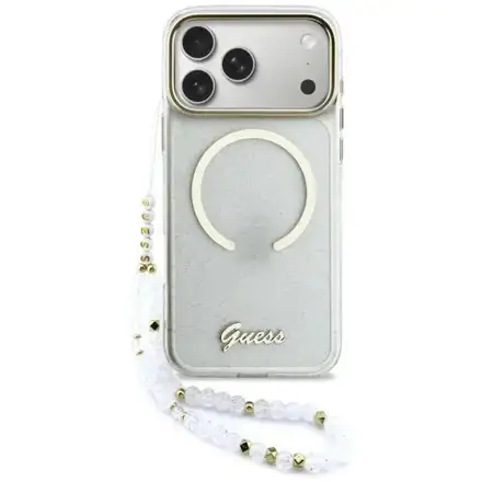 Guess IML Glitter Script Strap MagSafe kryt iPhone 17 Pro Max biely