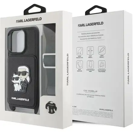 Karl Lagerfeld Saffiano Crossbody Popruh Metal Karl and Choupette kryt iPhone 16 Pro čierny