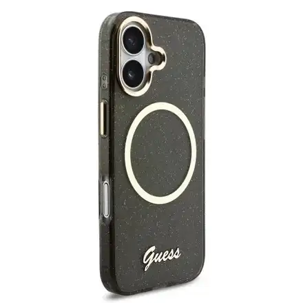 Guess IML Glitter Script Strap MagSafe kryt iPhone 17 čierny