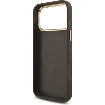 Guess PU Leather 4G Strass Triangle Logo Gold Frame MagSafe kryt iPhone 17 Pro Max hnedý